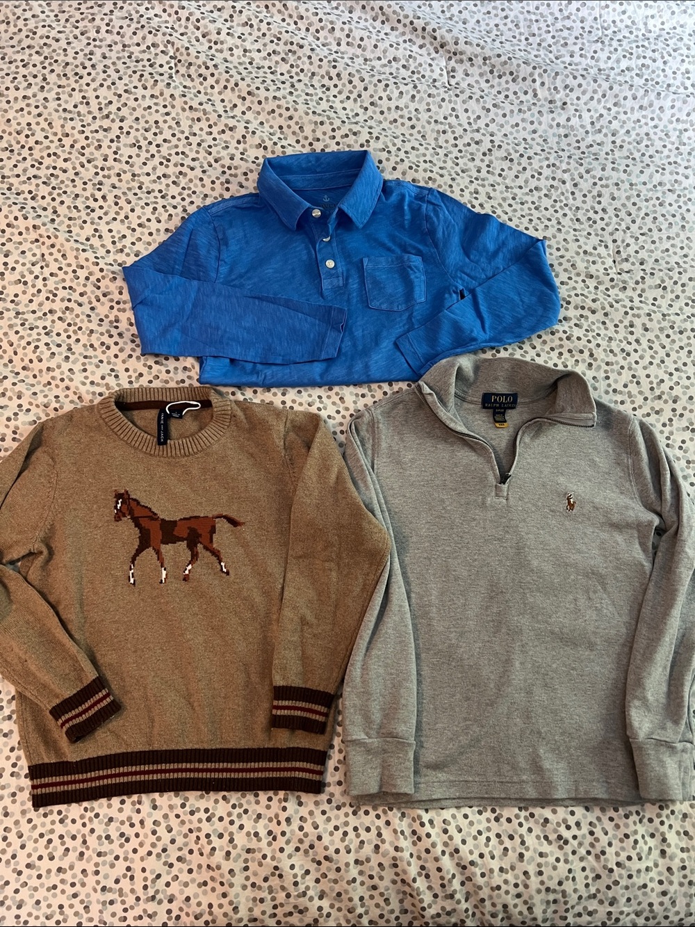 BOYS POLO SIZE 6/7/8 SWEATER, 1/4 ZIP SWEATSHIRT & NEW LONG SLEEVED TOP EUC